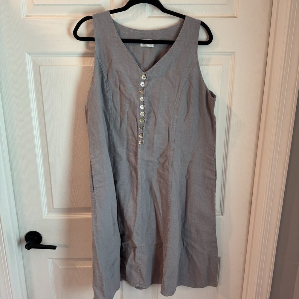 Vintage Mosaic Linen Midi Dress Gray A Line Lagenlook Cottagecore Sz M / L ? USA